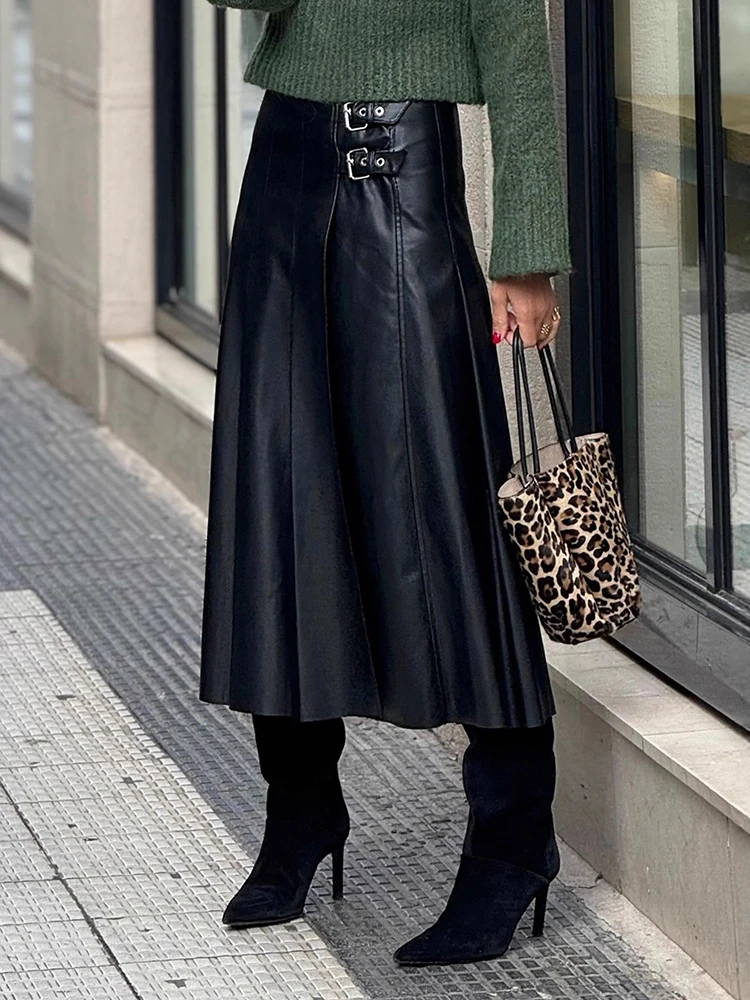 

New PU Leather Simple Patchwork Chic Skirts, Women All Match High Waist Solid Skirts, 2025 Lace-Up Holiday Fashion Ladies Skirts