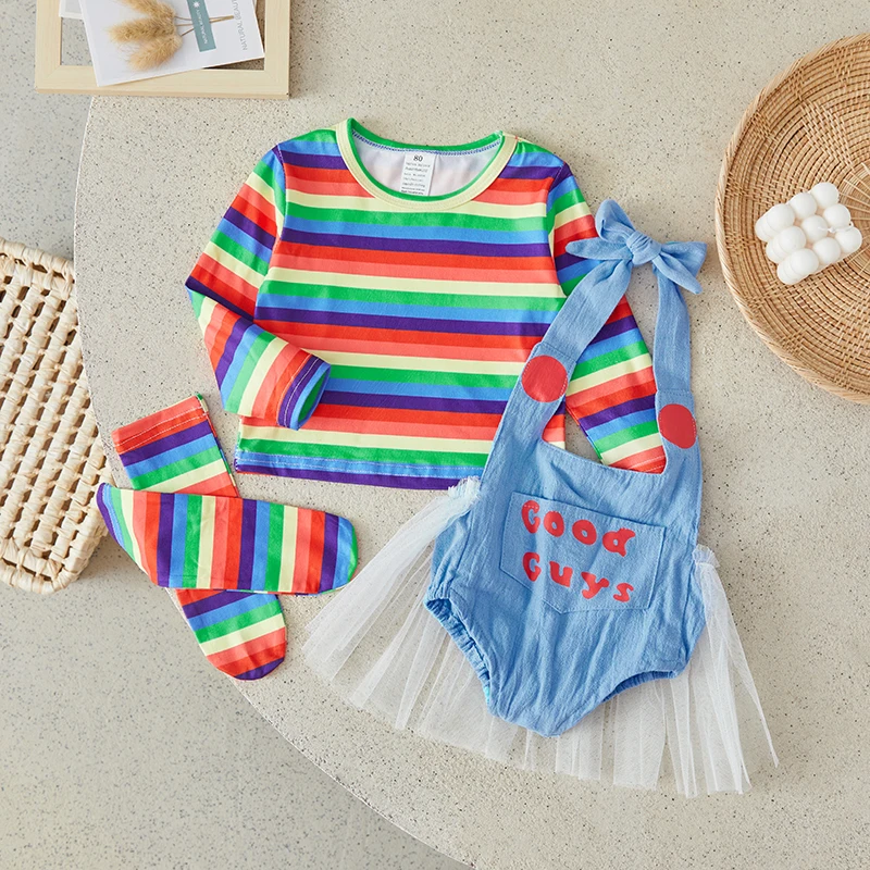 Suefunskry Toddler Girls Halloween Costume, Rainbow Striped Print Long Sleeve Tops + Letter Pattern Mesh Romper Dress+Long Socks