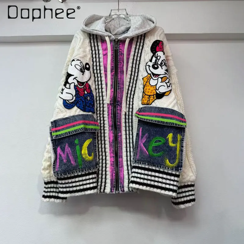 

Denim Patchwork Wool Knit Heavy Beaded Cardigan Jacket for Women Vintage Hooded Oversized Sweater Thick Winter Hoodie