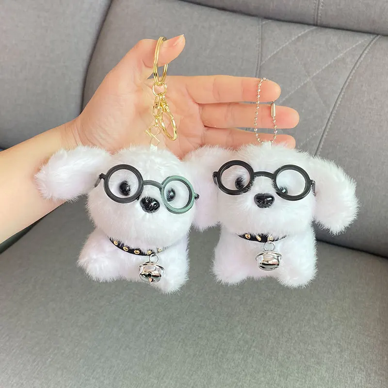 Urocze breloczki do kluczy z pieskiem w okularach, pluszowe ozdoby, kreskówkowy dzwoneczek, breloczek z szczeniakiem, breloczek do torby, zabawki dla dziewczynek, prezenty świąteczne.
