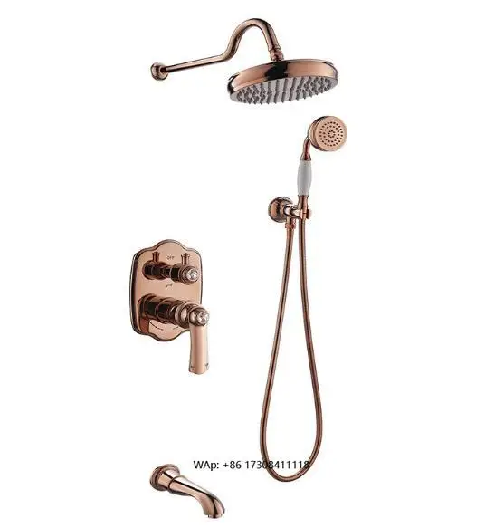

New European Brass Rose Gold 3-Function Wall Mount Hidden Bathroom Shower Mixer Set, Hand Shower with Telephone