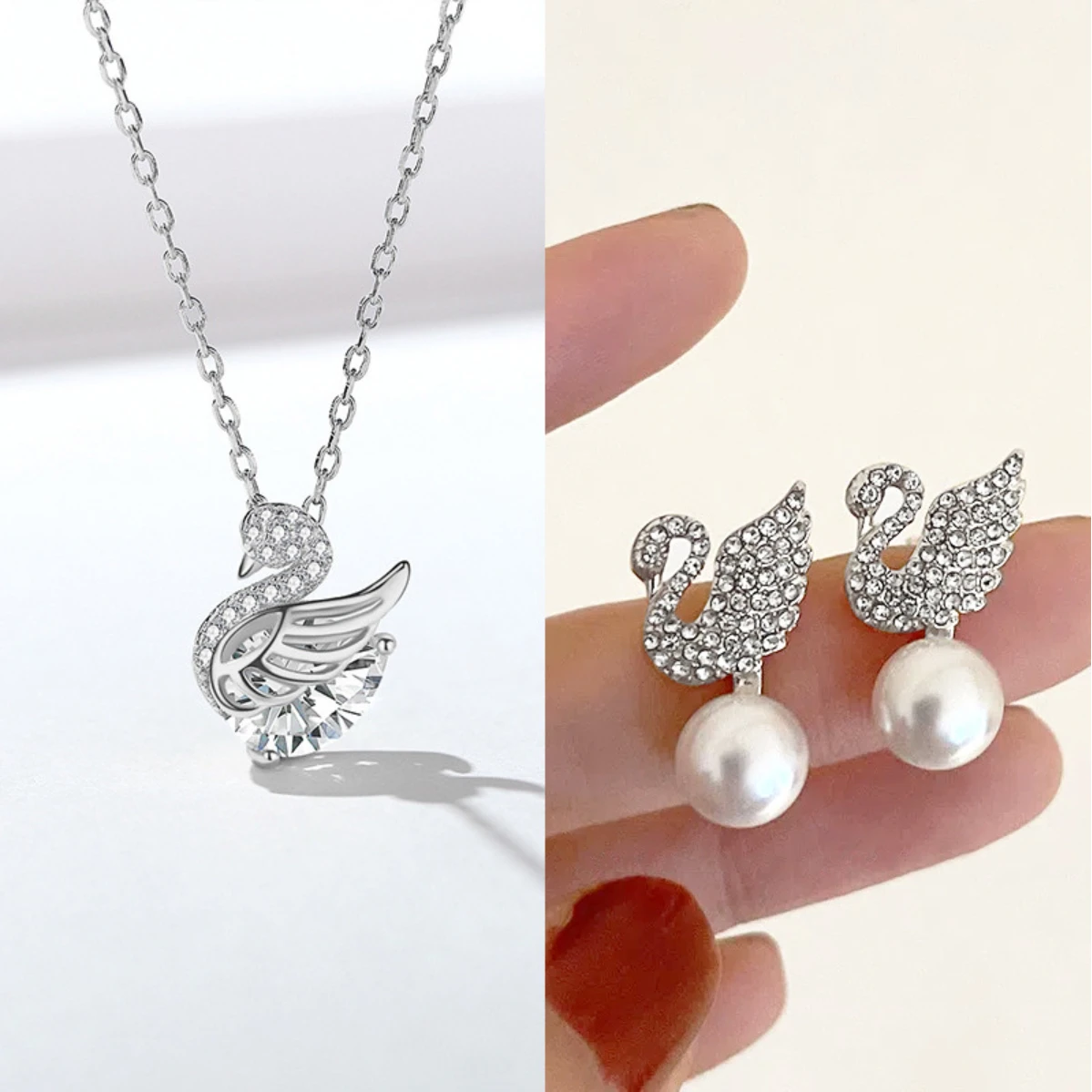 Light luxury jewelry niche design senior swan necklace + stud combination $1 free mailing women jewelry necklace white Swan good