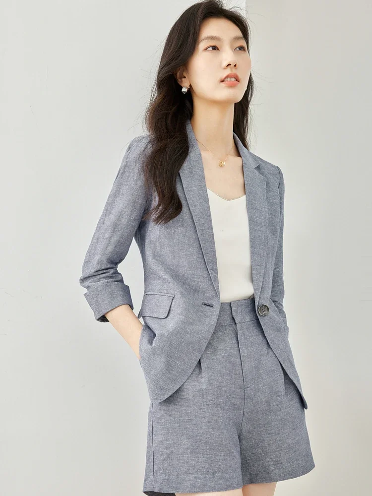 VIMLY 2 Piece Blazer Shorts Set Women 2024 Spring Elegant Fashion Gray Linen Cotton Blend Summer Outfits Lady Clothing Set V8356