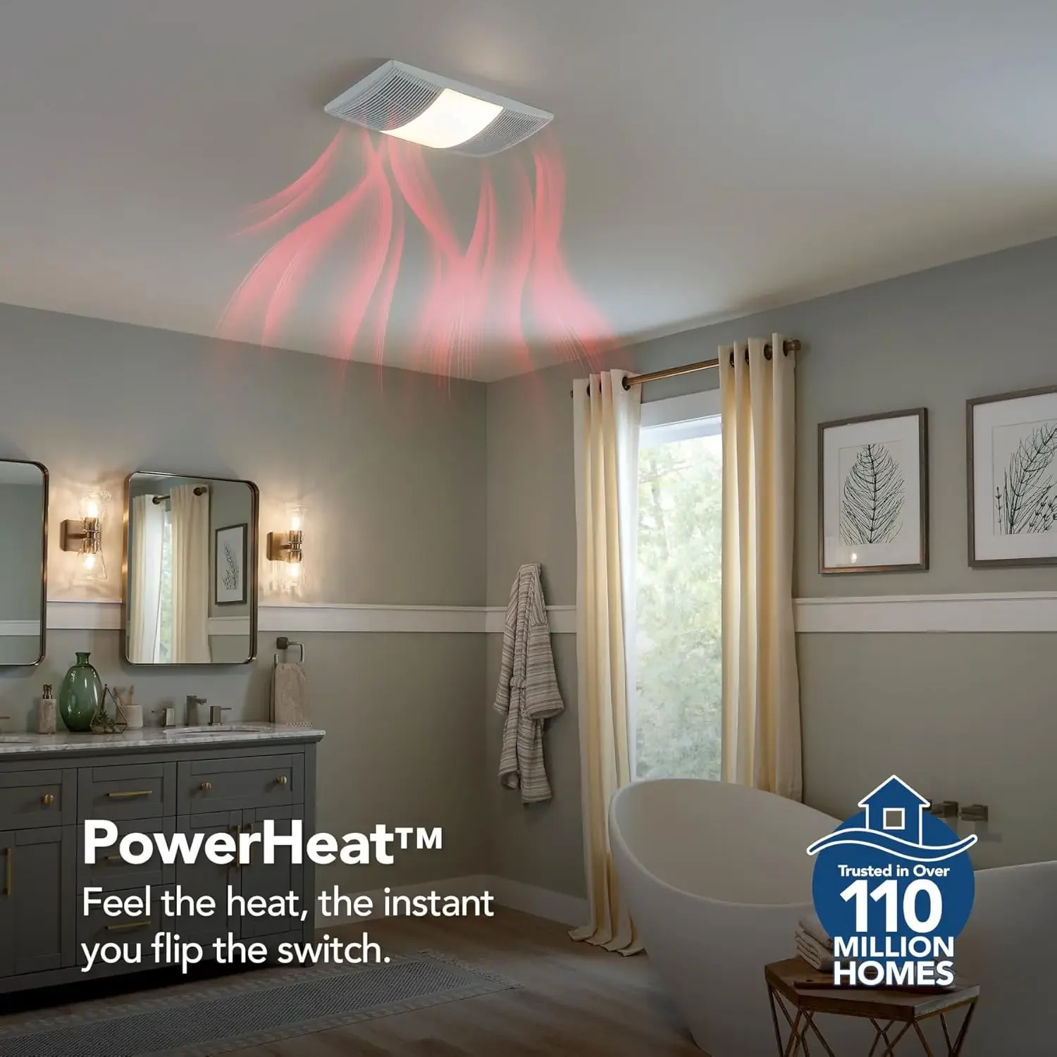 BHFLED80 مروحة عادم الحمام، سخان، ومجموعة إضاءة LED، 80 CFM