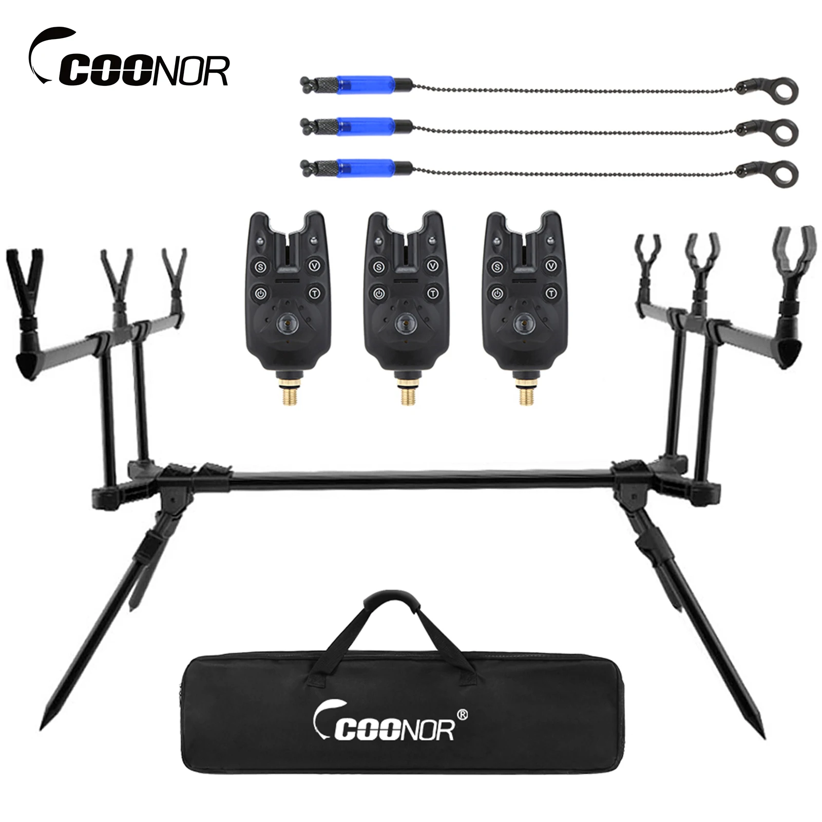 Coonor Carp Fishing Rod Stand Holder Fishing Pole Pod Stand w 3 Bite Alarms Bait Swingers Fishing Tackle Set Fishing Accessories