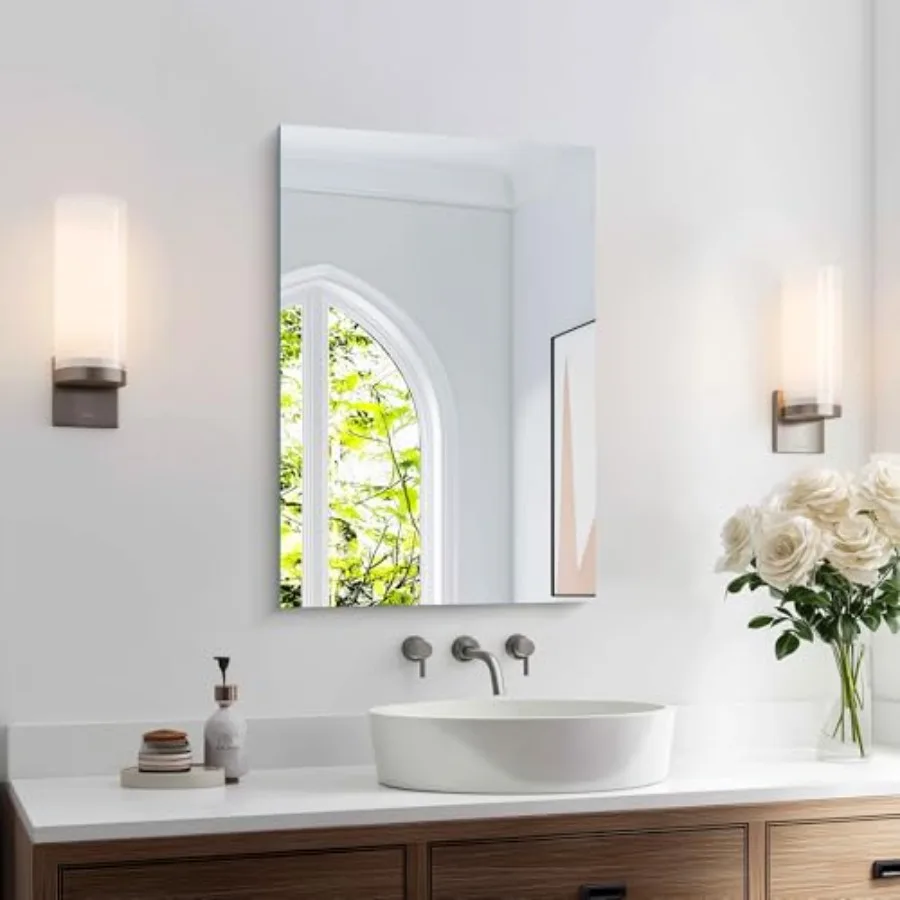 

Зеркало для ванной 16x24 дюйма, безрамное, для установки над раковиной, 16-дюймовое, улучшенная конструкция, небьющееся, современное, декоративное