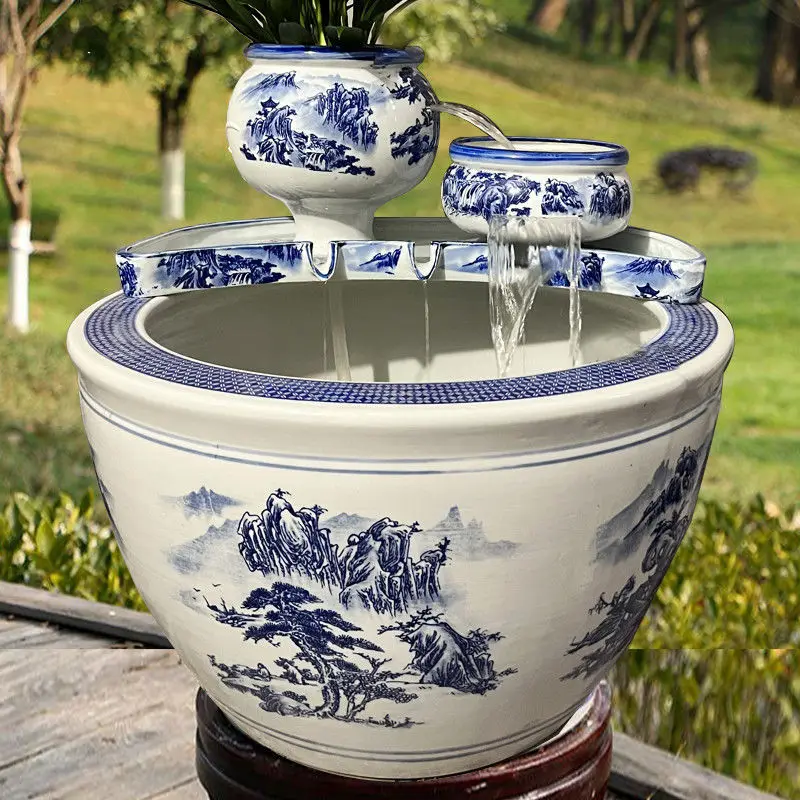 Ceramic fish tank, ancient method of fish farming, waterfall, waterfall, flowing water landscaping, filtering and oxygenation