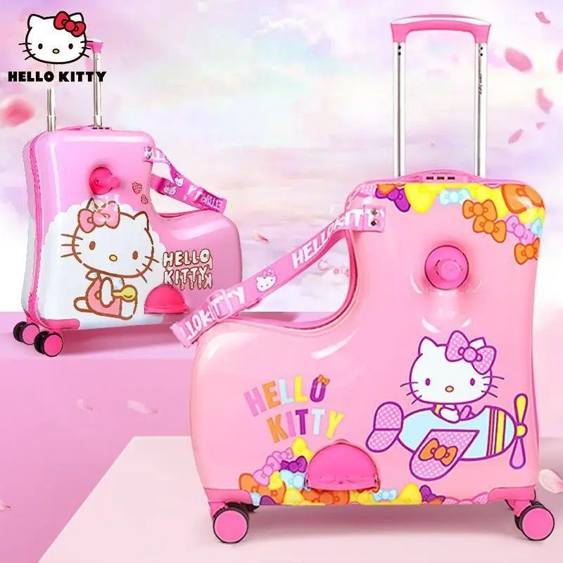 Kawaii Sanrioed Hello Kittys Kt Cat Universal Wheel Trolley Kids Riding Case Cartoon Suitcase Travel Portable Boarding Case Gift