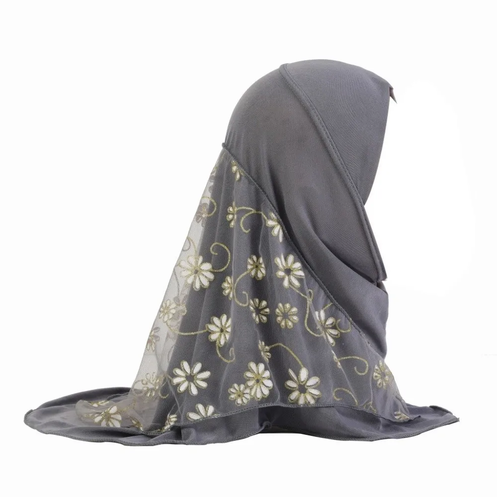 Can Fit Flower Net Small Girl Hijab Elastic Solid Pull On Instant Headscarf Mesh Cotton Islamic Scarf Shawl Islamic