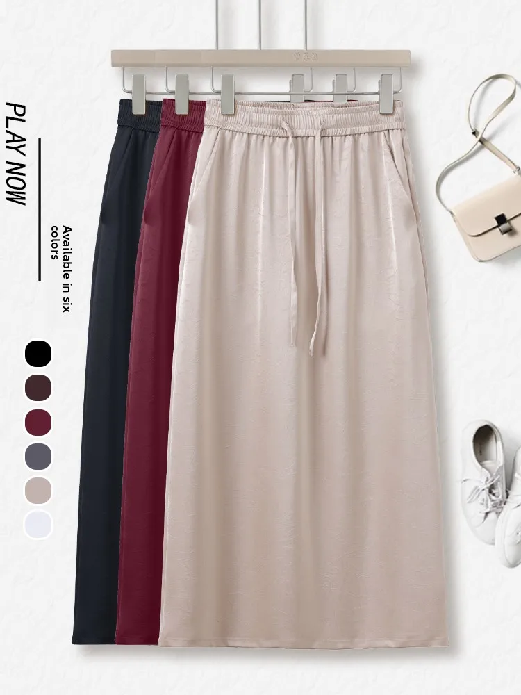 

Летняя женская юбка-миди из ацетатного атласа с высокой талией, прямого кроя, в корейском стиле, повседневная, из ледяного шелка, тонкая, струящаяся, А-силуэт