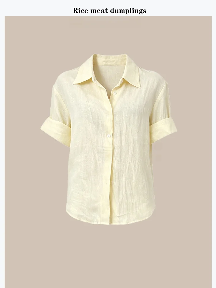 

Loose Fit Linen Short Sleeve Shirt Korean Style Breathable Women's Summer Fashion Yellow Color Versatile Open Cardigan Shirt