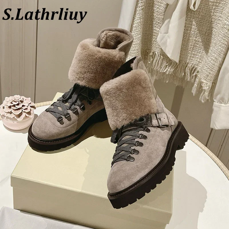 New Winter Women's Round Head Suede Leather Plush Design Short Boots Thick Bottom Multi functional Fashion Commuter Boots