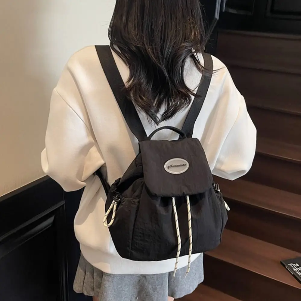 

Portable Women Nylon Backpack Drawstring Waterproof Multipockets Casual Backpack Lightweight Solid Color