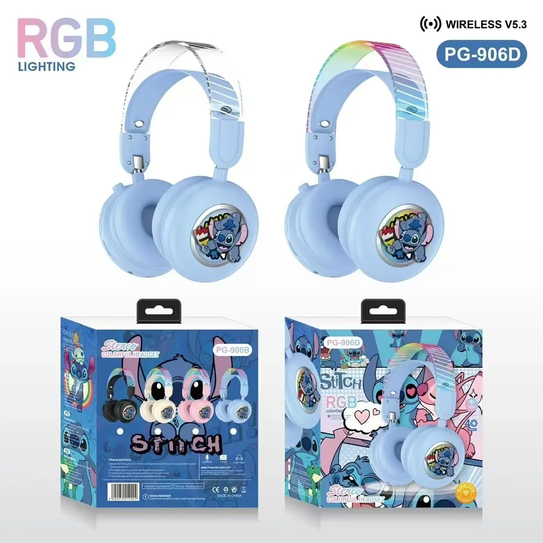 Disney Stitch Headphone Bluetooth Wireless RGB Light Foldable Computer Earphones Noise Reduction Stereo Gaming Headset PG-906