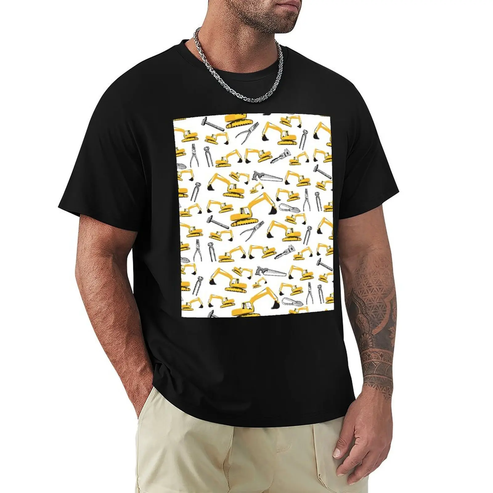 

Excavator Construction Trucks and Tools Pattern T-Shirt anime shirt tees Men's t-shirt