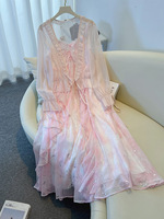 150Kg Plus Size Women's Bust 147 Summer Loose Sequined Camisole Dress Shawl Set Pink 5XL 6XL 7XL 8XL 9XL