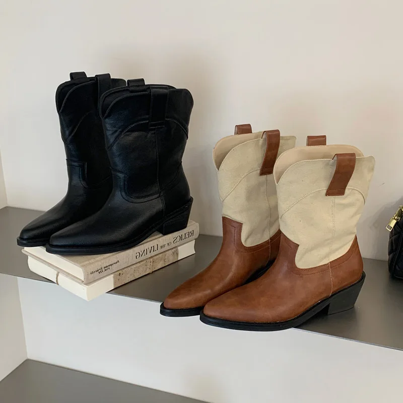 Aneikeh Vintage Color Block Leather Cowboy Boots Women Pointy Toe Low Block Heel Mid Calf Western Boots Ladies Casual Shoes