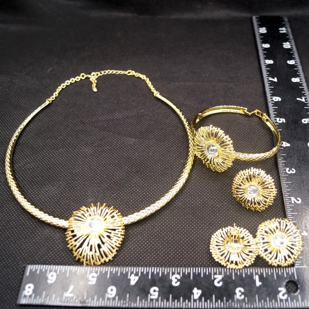 Ylaili Dubai Gold Plated jewellery Set Simple brass ring bloom earrings Personalized casual wedding bridesmaid gift
