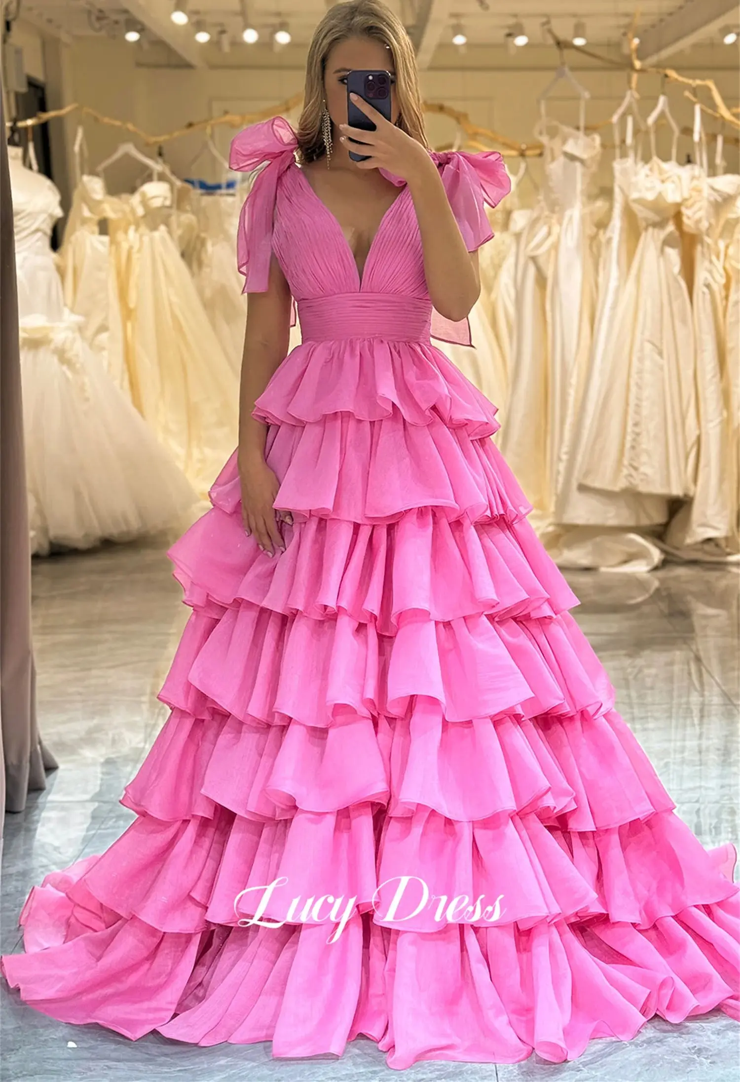 Ball Gown Layered Party Dress V-neck Graduation Hot Pink Chiffon Line A Sharon Happy Luxury Dresses Women Evening Customized