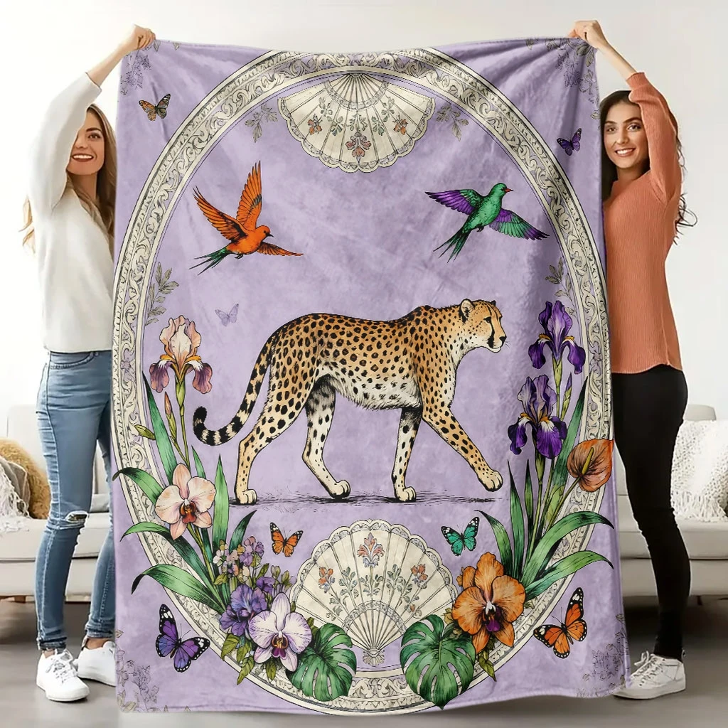 1pc Soft Leopard and Floral Print Flannel Throw Blanket, High-Definition Digital Print, All-Seasons Multipurpose Sofa Cover