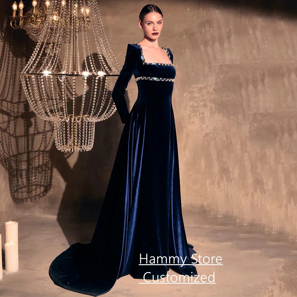 فستان سهرة بحري عربي مخصص بأكمام طويلة ورقبة مربعة فضية وحجر كريستال سويب تراين فستان حفلة عربية سعودية #3