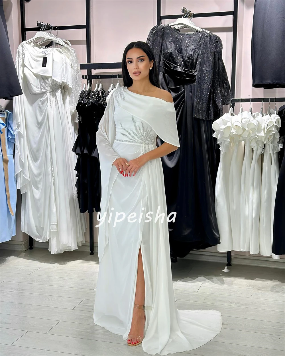 Customized Chiffon Sequined Beading Ruched Cocktail Party A-line One-shoulder Bespoke Occasion Gown Long Dresses