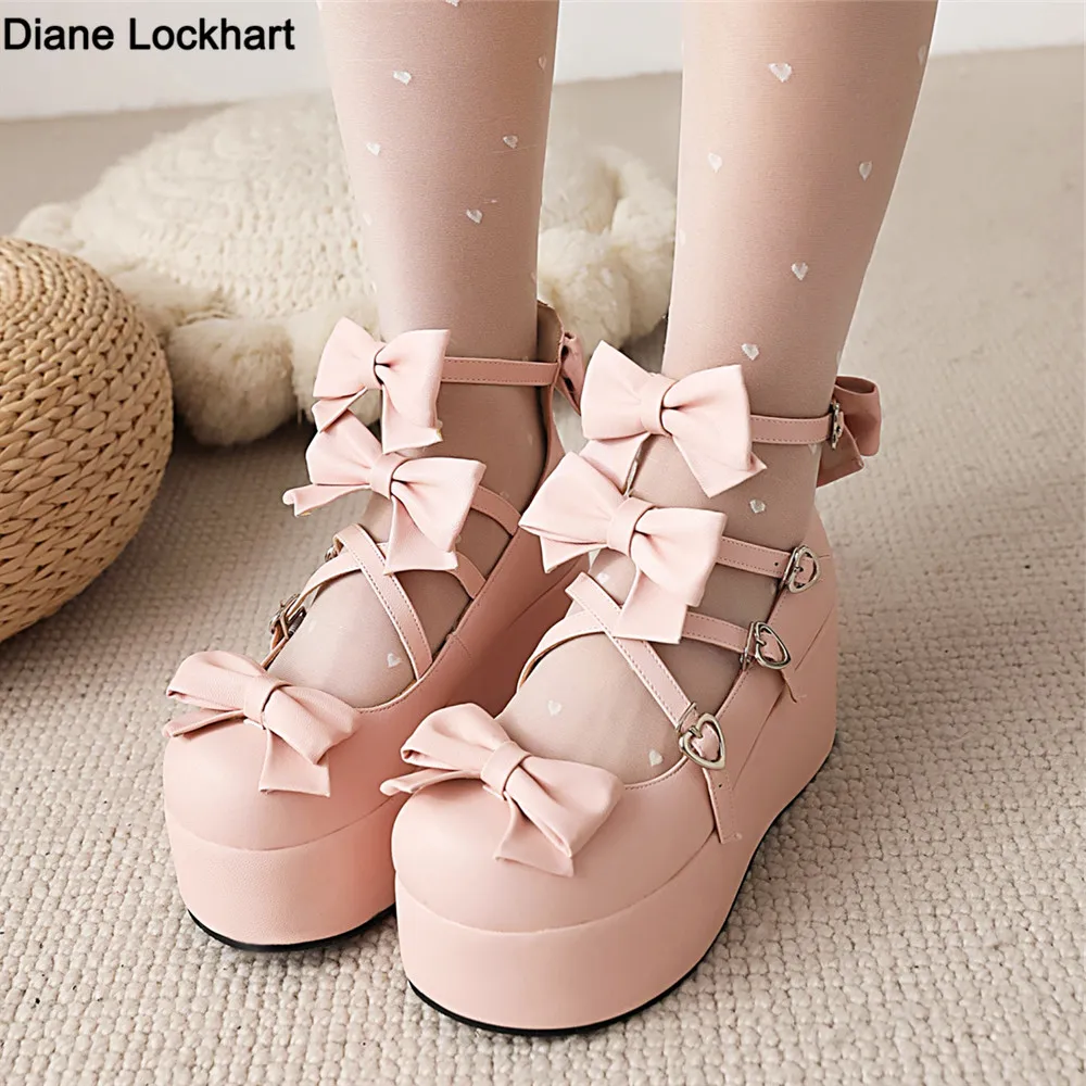 New Sweet Heart Buckle Wedges Mary Janes Women Pink Bow Cross Strap Chunky Platform Lolita Ladies Punk Gothic Cosplay Girls Shoe