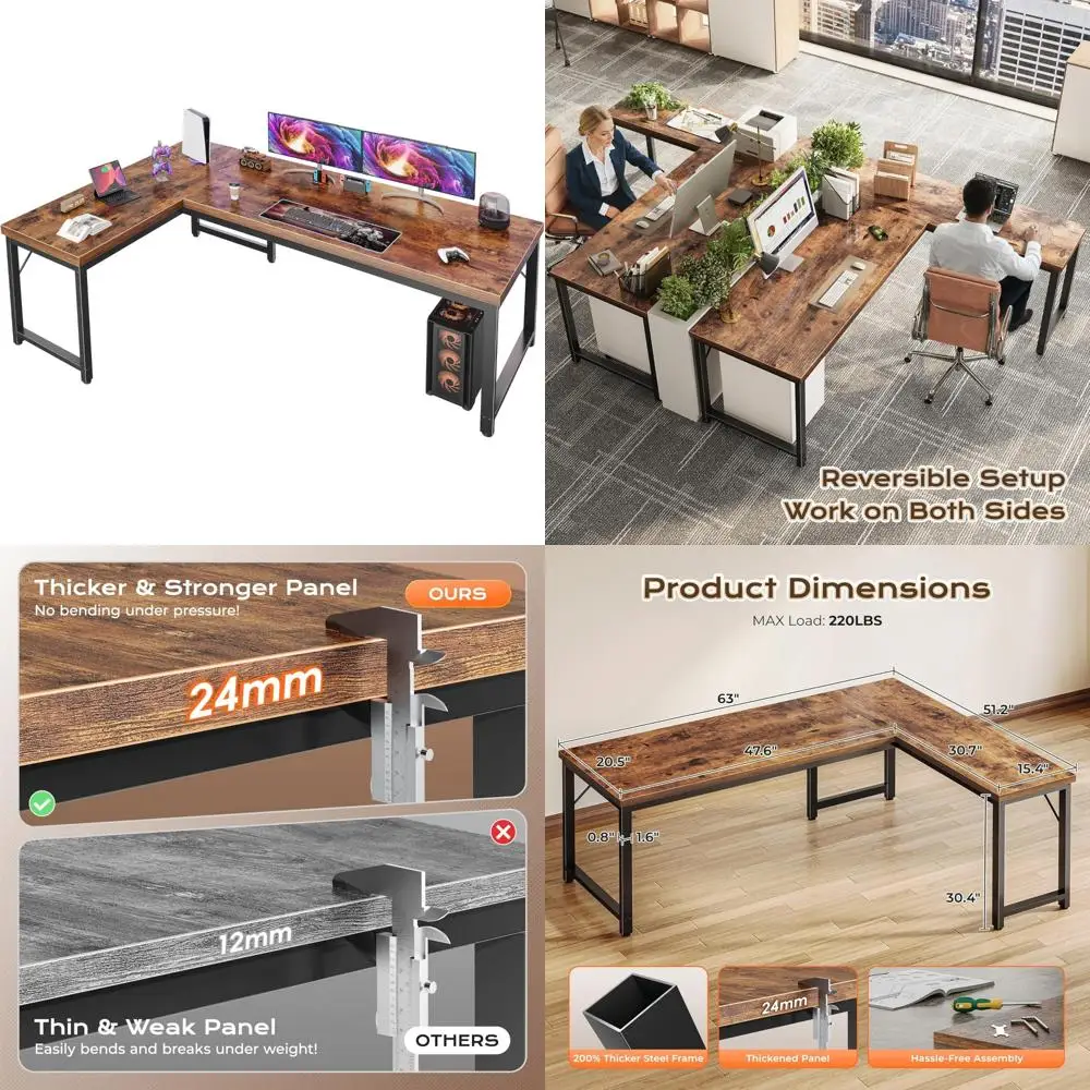 مكتب ألعاب أكبر مقاس 63 بوصة على شكل حرف L مع سطح مكتب سميك 0.95 بوصة، مكتب زاوية قابل للعكس لإعداد الكمبيوتر القوي #1