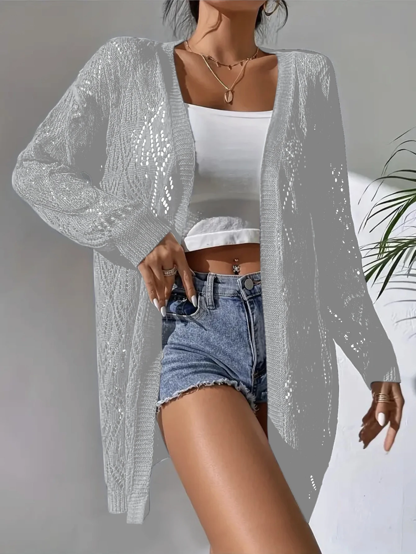 plus Size Open Cardigan Loose Casual Diamond Pattern Airy Sweater Large Size Clothing Women's Fashion Spring Autumn