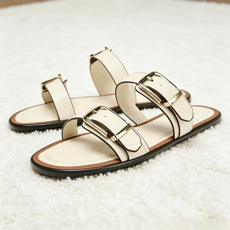 Pantoufles plates de marque pour femmes, sandales en métal, Double boucle, chaussures de plage romaines à Double sangle large, tongs, mocassins confortables