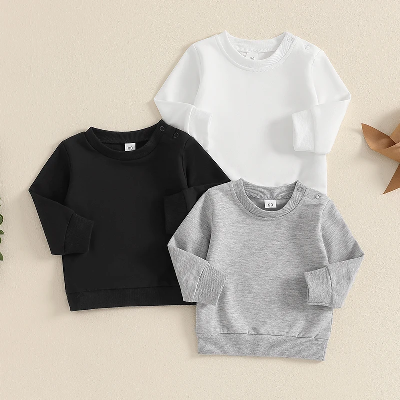 Pack of 3 Baby Boy Crew Neck Sweatshirts in Solid Colors with Long Sleeves - Toddler Pullover Tops for Fall Wardrobe Essentials