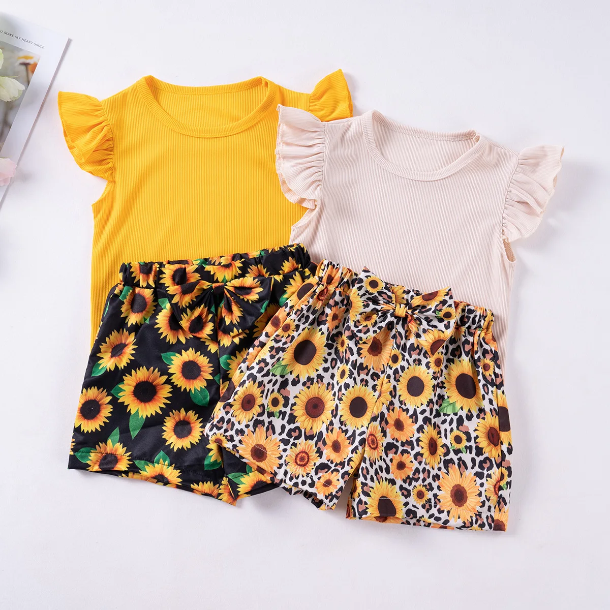 Toddler Girls Summer 2024 Fly Sleeve Ruffled Sunflower Short Sleeve+shorts 2pc Clothes Sets Leopard Casual Children\'s Outfits