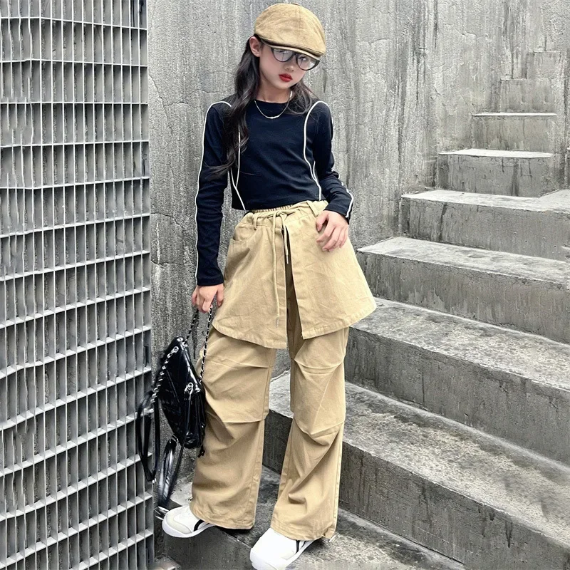 teenage girls fake two-piece straight-leg pants middle-age children Korean style trousers kids clothes cargo pants 6 to 16 yrs