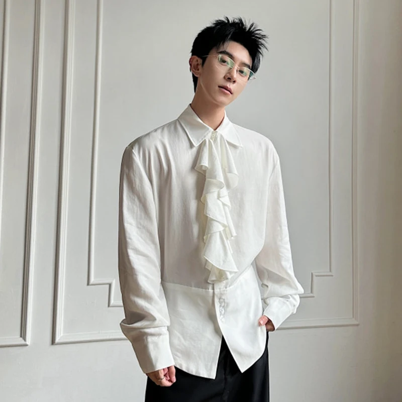 WTHT Trendy Men's Solid Color Spliced Detachable Ribbon Shirts Fashion Turn Down Collar Casual Tops Male 2026 Summer 2A2837