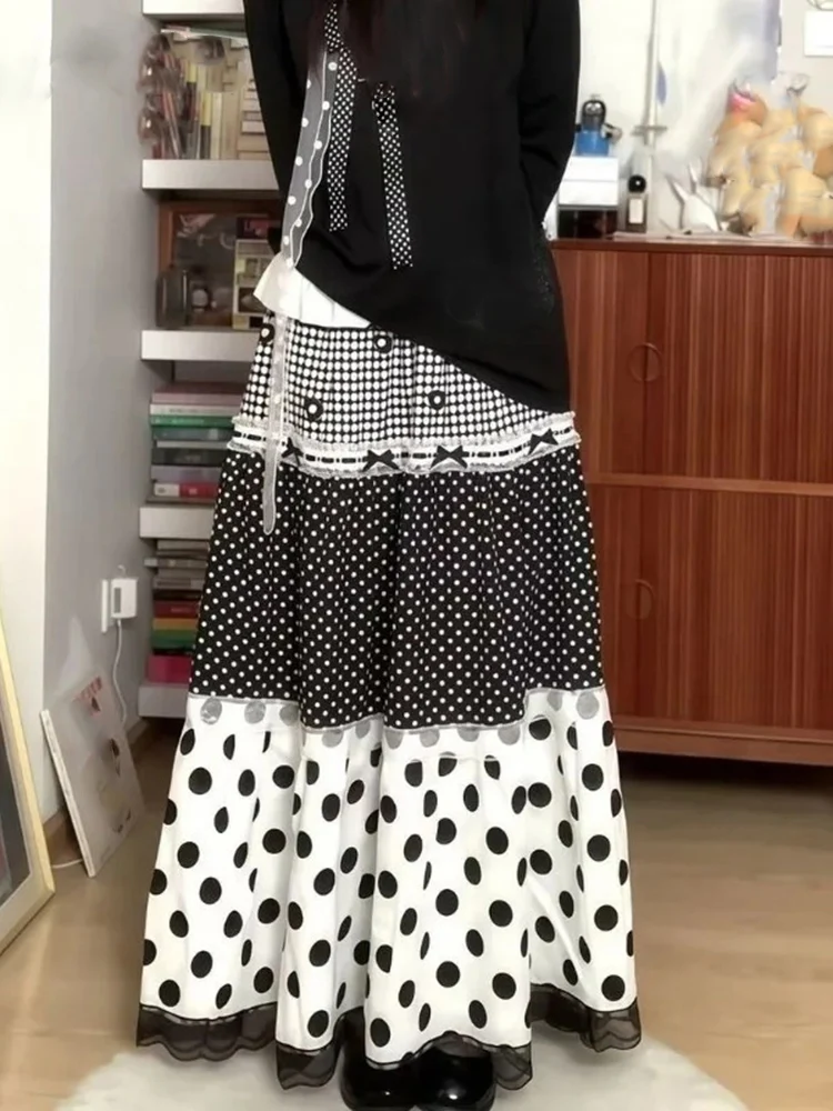 Japońska spódnica w stylu vintage z patchworkiem w kropki, koronką, damska, słodka, z wysokim stanem, rozkloszowana, długa, modna, w stylu Y2k, szykowna, faldas.
