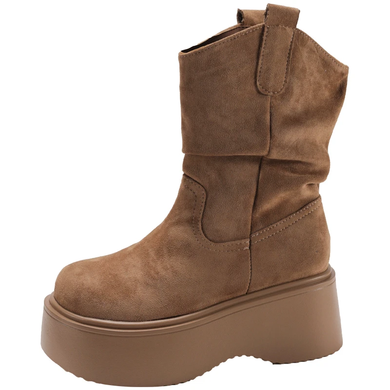 منصة مكتنزة سميكة وحيد امرأة حذاء من الجلد تصميم جولة تو الانزلاق على الأحذية 2025 الخريف الشتاء قصيرة بوتاس الفقرة Mujer #6