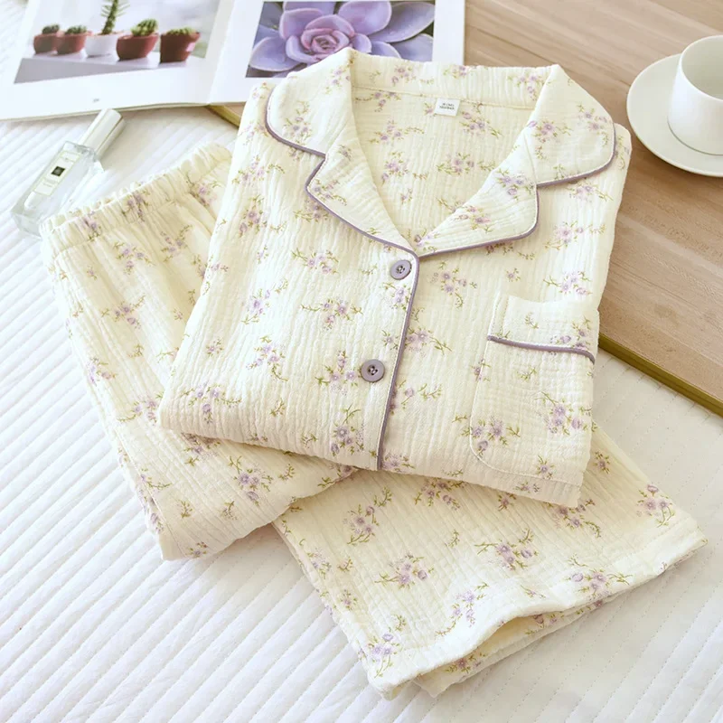 

Women's Home Clothes Cotton Spring and Autumn Long Sleeved Long Pants Home Clothes Cardigan Simple Two-piece Pyjamas Set