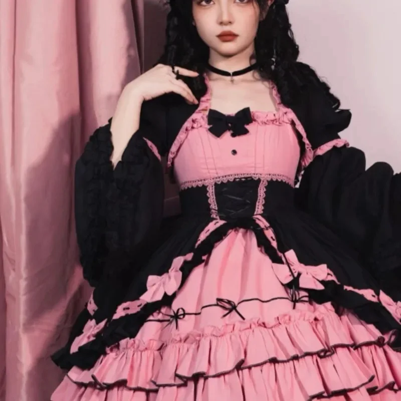 Coelho y2k lolita vestidos arco lolita jsk conjunto sakura em camadas roupa 3 peças saia sem mangas ins capa doce kawaii meninas vestido novo