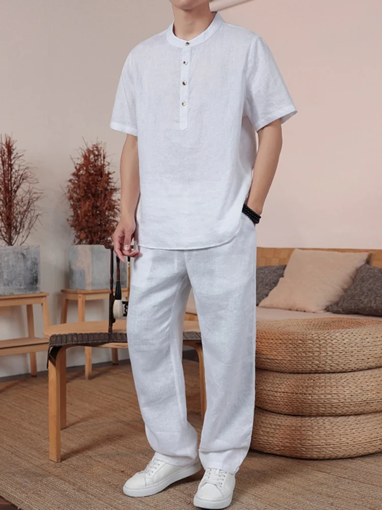 

Белая льняная футболка с коротким рукавом для мужчин, летняя модная модель свободного кроя с круглым вырезом, охлаждающая, из тонкого материала, стандартной длины