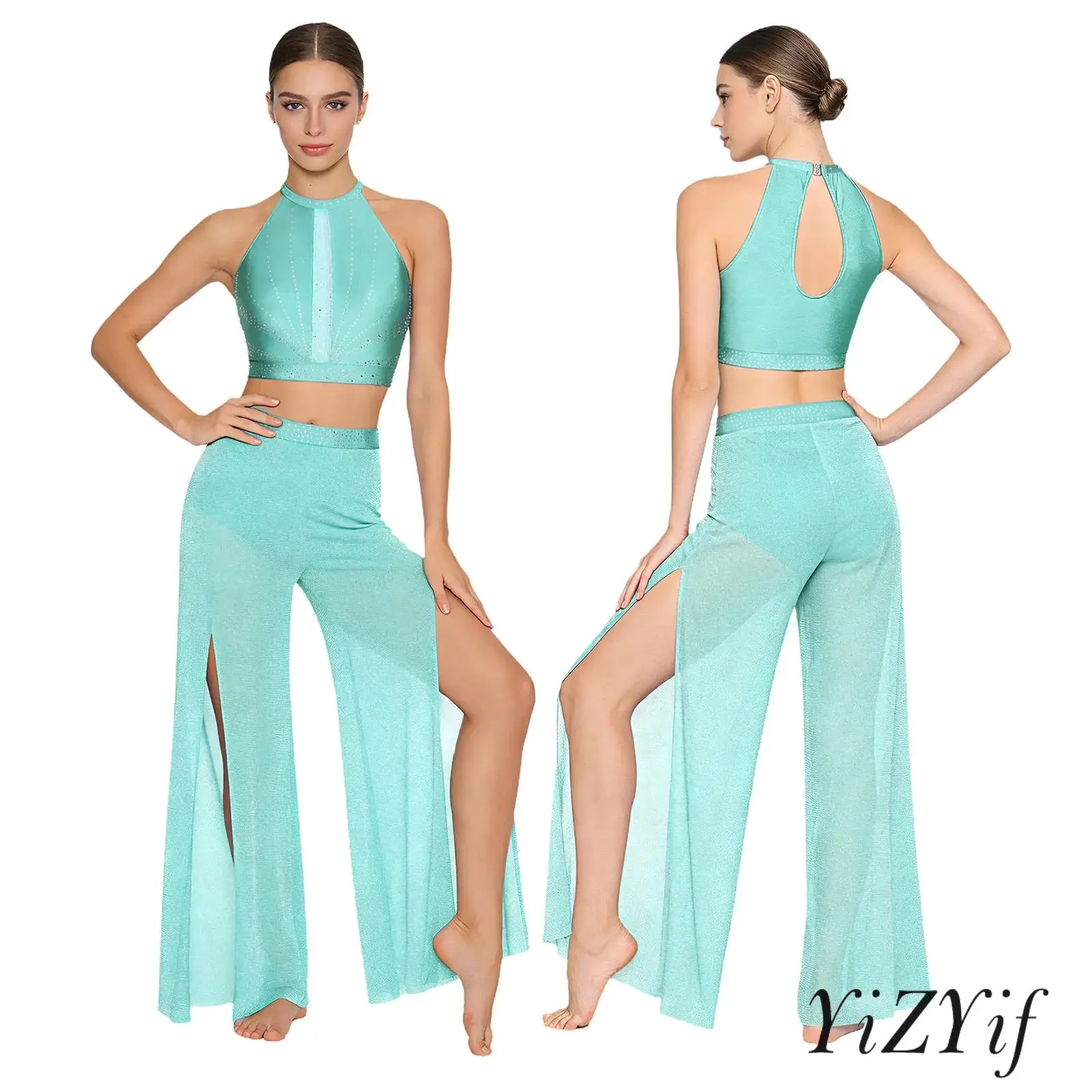 

Lyrical Dance Performance Set for Women Sleeveless Rhinestone Crop Tank Top and Shimmering Wide Leg Pants Belly Dance Outfit