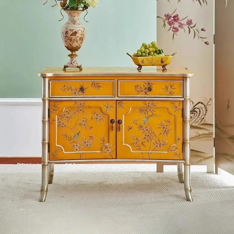 French retro painted shoe cabinet golden bamboo joint living room storage drawer cabinet European art hand-painted dining side