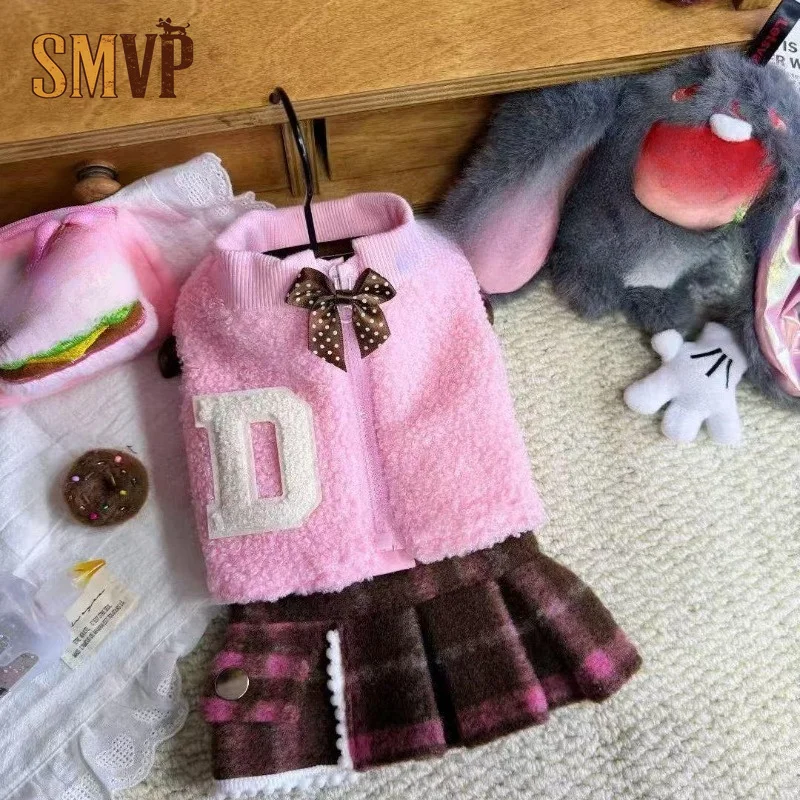 

Preppy Style Pet Sports Outfit Fleece Zip-up Jacket Plaid Pleated Dress Polka Dot Bow Warm Winter Pet Coat Set Pet Clothes