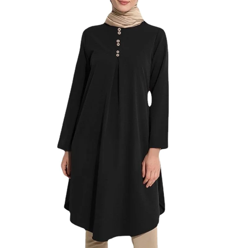 Muslim Arab New Islamic Dubai Women's Solid Color Button Splicing Luxury Fashion Casual Long Sleeve Swallowtail Large Swing Dres