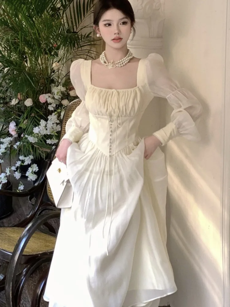 Vintage Princess Party Dress for Women High Waist A-line Lace Up Summer New French Elegant Prom Robe One Piece Vestidos Mujer