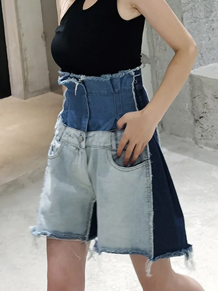 BPN Raw Hem Denim Pants For Women High Waist Hit Color Spliced Pocket Casual Loose Chic Shorts Female Summer Clothing Fashion