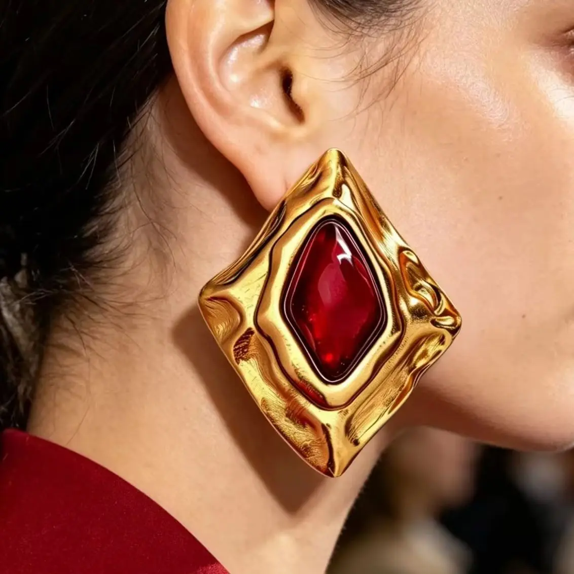 Europe America Vintage Colorful Gemstone Large Earring Ear Clip Women Designer Luxury Jewelry