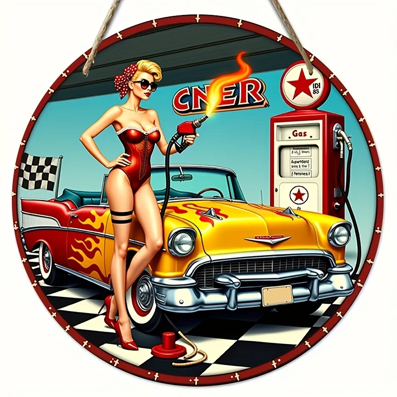 2D Planar Retro Tankstellen-Szenerie Wanddekoration - Geeignet für den Einsatz in Häusern, Bars und Clubs. 2D planares Design