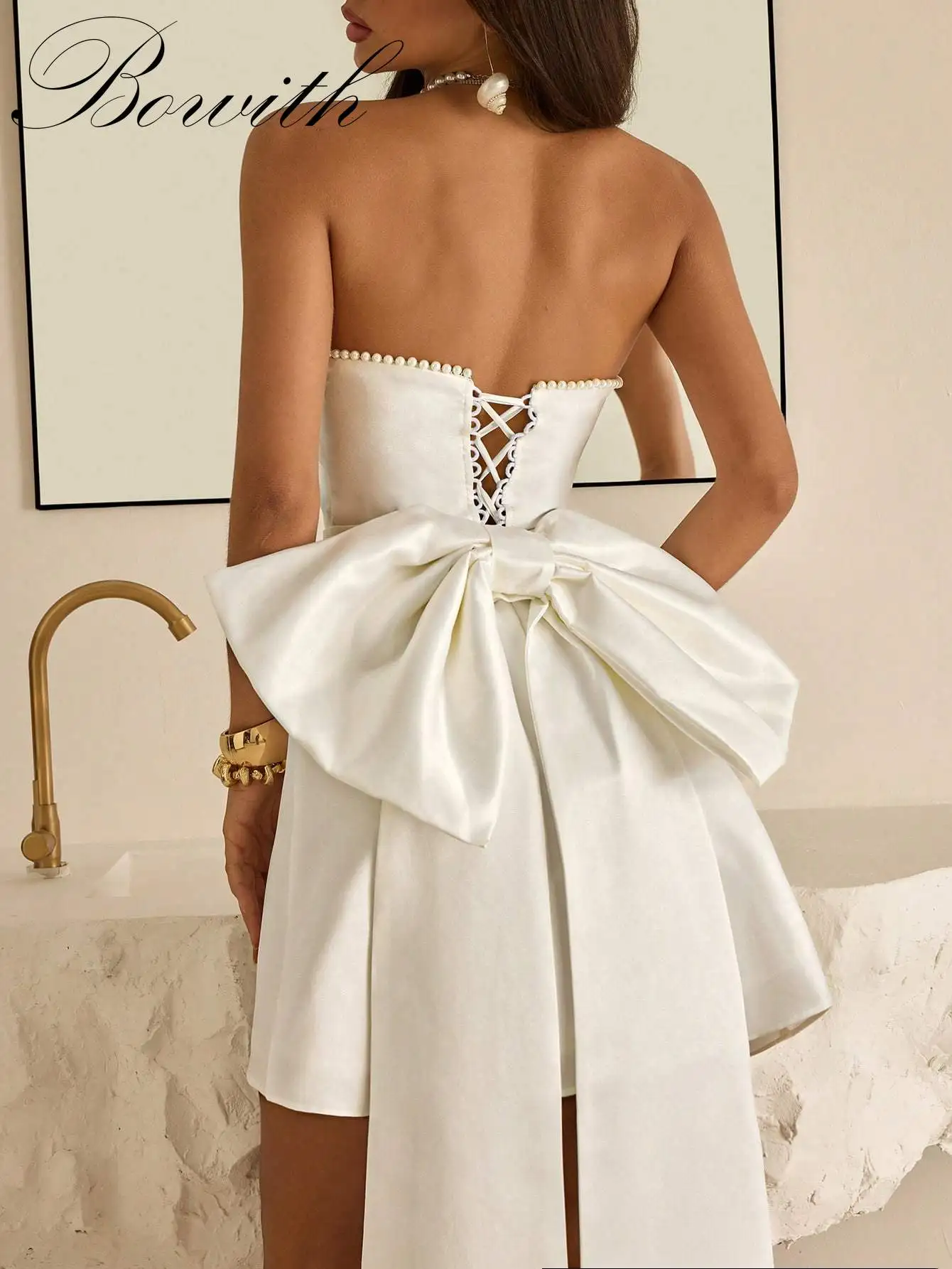 

Платье Bowith с объемным бантом, украшенное жемчужной цепочкой без бретелек, подходит для свадеб, вечеринок, одиночных мероприятий,