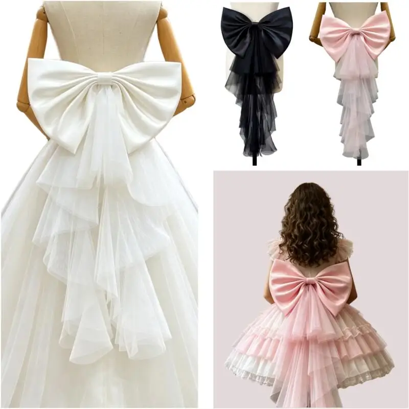

Bridal Satin Tulle Bow Detachable Wedding Dress Back Accessory Large Bow Knot With Tulle Tail For Bride Party Lolita Accessories