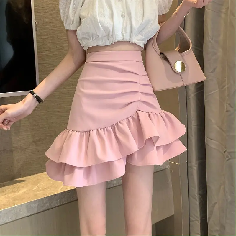 

2023 New Summer Fashion Exquisite High Waist Pleated Covering Stomach Slim Irregular Ruffle Edge Versatile Style Fishtail Skirt